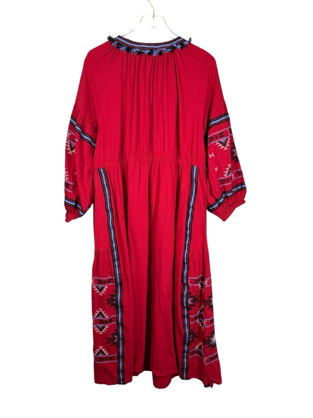 Eloquii Women's Plus Size 14 Red Maxi Dress with Blue Accent Trim & Embroidery - Picture 3 of 9